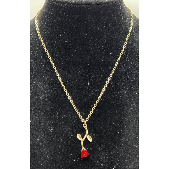 Delicate Gold Tone Rose Necklace Red Flower Pendant 14–16" Minimalist - Picture 5 of 5